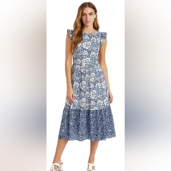 J. Crew Blue and White Cotton Floral Ruffle Sleeve Dress with pockets Size 8 - Picture 1 of 6